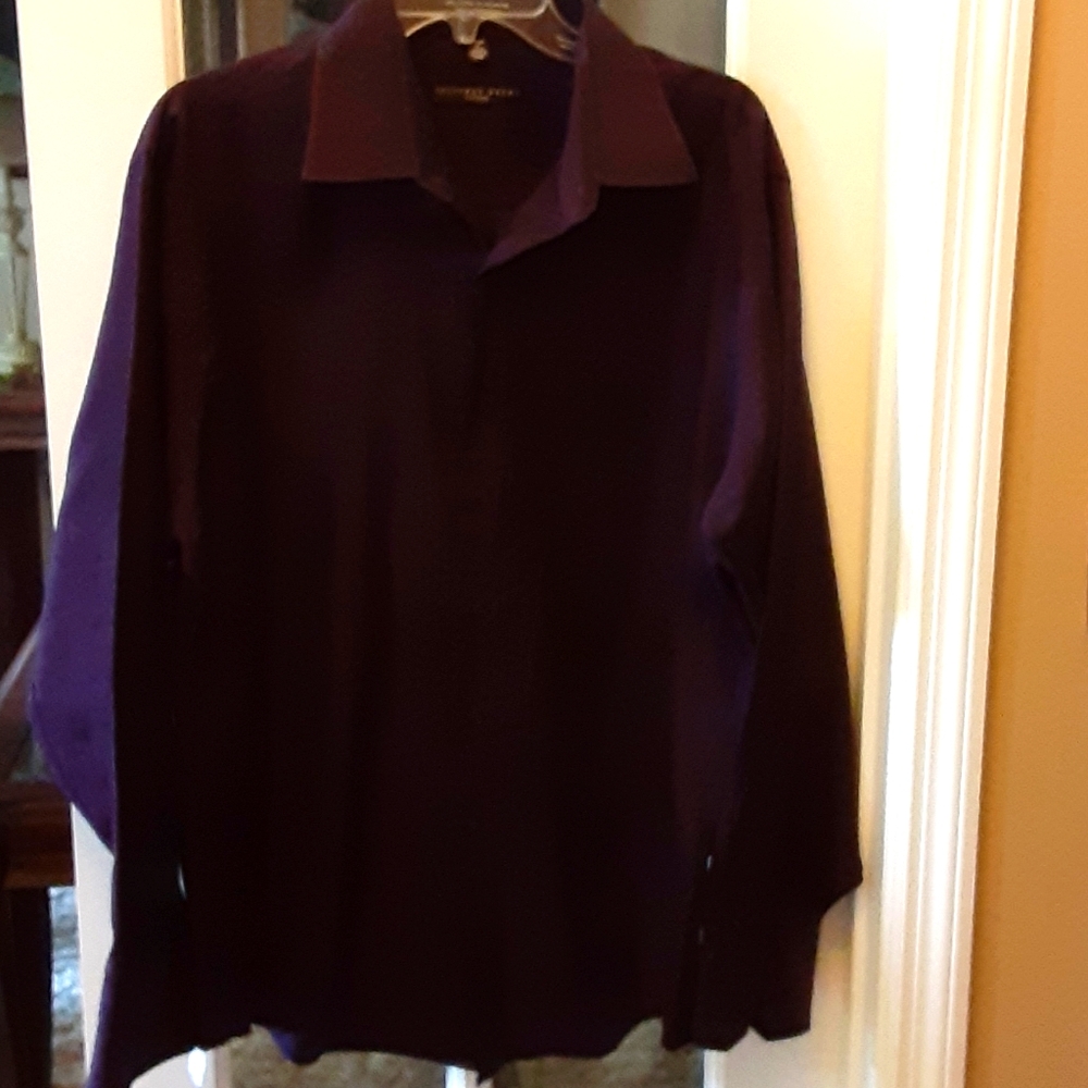 Geoffrey Beene Fitted Wrinkle Free long sleeve shirt Merlot Gray stripes XL EUC